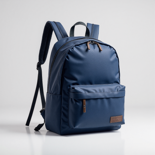 Dark denim-blue canvas backpack, urban style, multiple pockets, studio shot