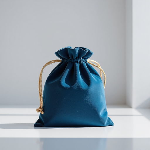 Navy blue cotton drawstring bag, simple design, cord closure, natural light