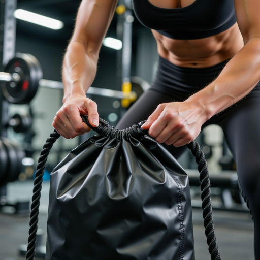 Black mesh drawstring gym bag, breathable fabric, sporty look, active setting