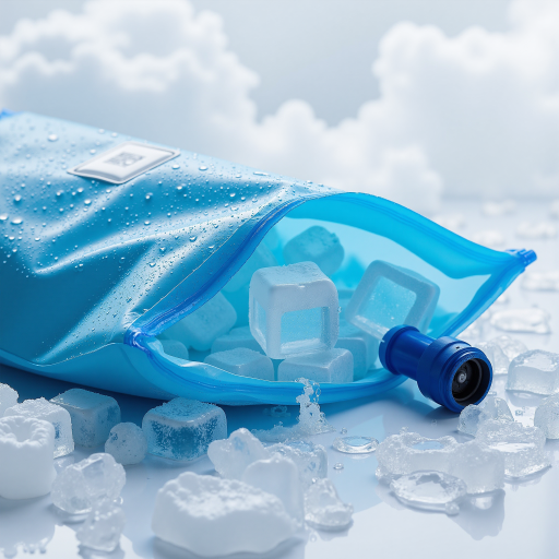 Blue insulated ice bag, zippered closure, cooling function visible, outdoor scene