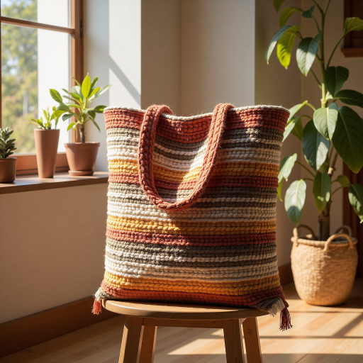 Beige and brown striped jute shopping bag, sturdy handles, organic style