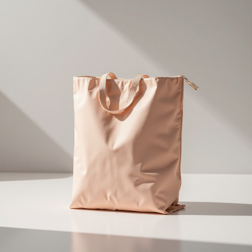 Modern non-woven bag in vibrant coral pink, geometric pattern, flat lay on white surface