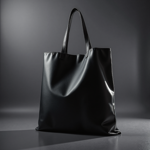 Sleek black non-woven tote bag, minimalist design, high contrast lighting
