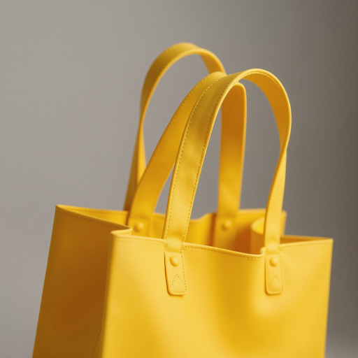 Bright yellow non-woven drawstring bag, trendy style, placed on light wooden surface