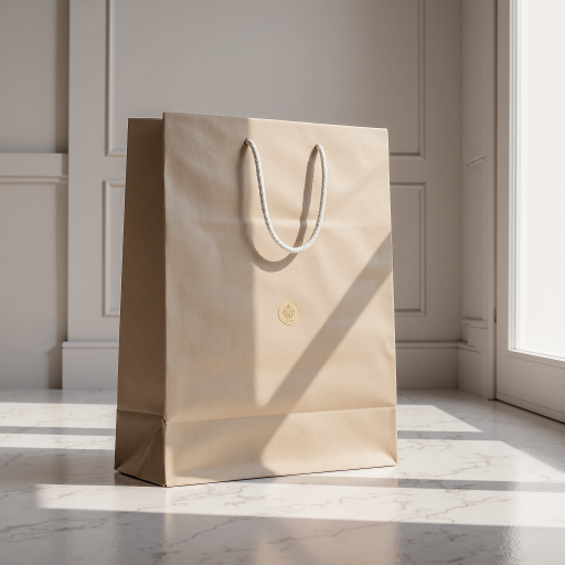 Elegant kraft paper bag with rope handles, embossed logo, soft lighting