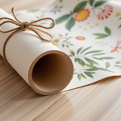 White paper bag with colorful botanical print, gift style, flat lay