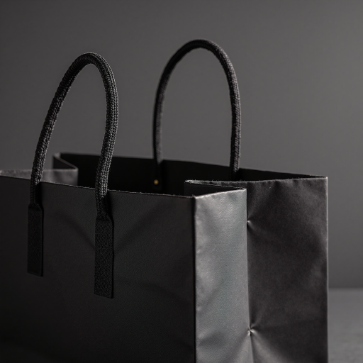 Black paper shopping bag, glossy finish, luxury brand style, dramatic lighting