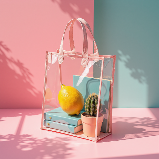 Clear transparent PVC tote bag, modern aesthetic, placed on colorful surface