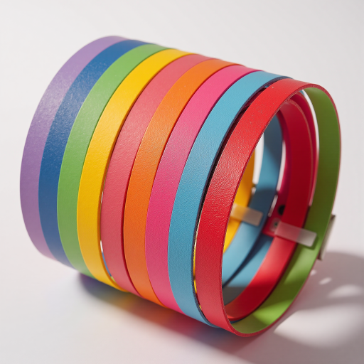 Rainbow colored PVC crossbody bag, vibrant hues, shiny surface, studio shot