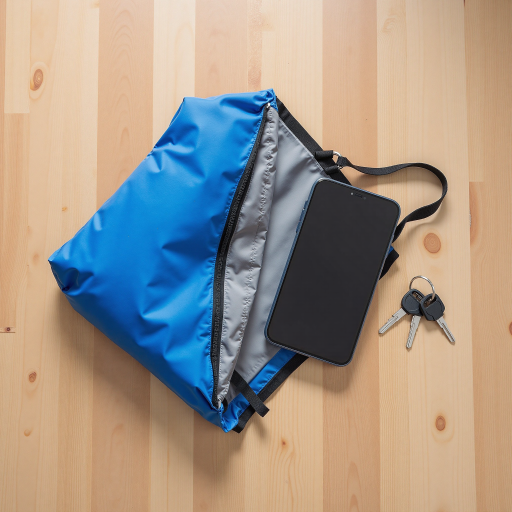 Blue Tyvek drawstring pouch, lightweight, durable, placed on white surface