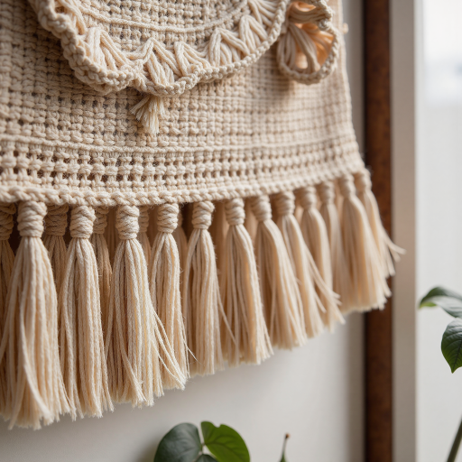 Macrame style woven shoulder bag, bohemian look, earthy colors, soft focus